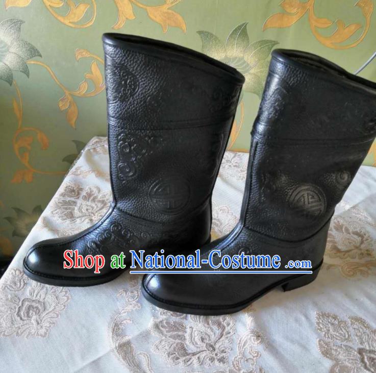 Chinese Traditional Mongol Nationality Black Boots Mongolian Ethnic Stage Show Leather Riding Boots for Men