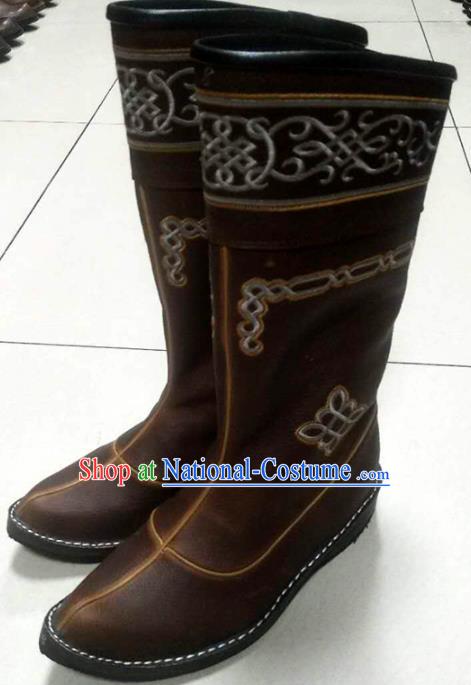 Chinese Traditional Mongol Nationality Brown Riding Boots Mongolian Ethnic Shoes Leather Boots for Women