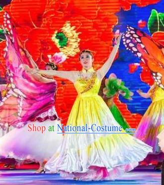 Traditional Chinese Spring Festival Gala Dance Yellow Dress Opening Dance Stage Show Costume for Women