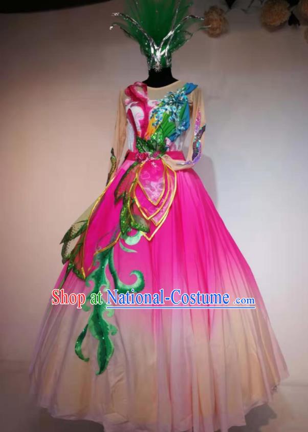 Traditional Chinese Spring Festival Gala Dance Rosy Veil Dress Opening Dance Stage Show Costume for Women