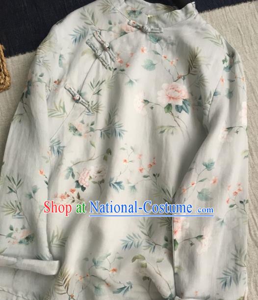 Chinese Traditional Tang Suit Printing Peony White Ramie Blouse National Upper Outer Garment Costume for Women