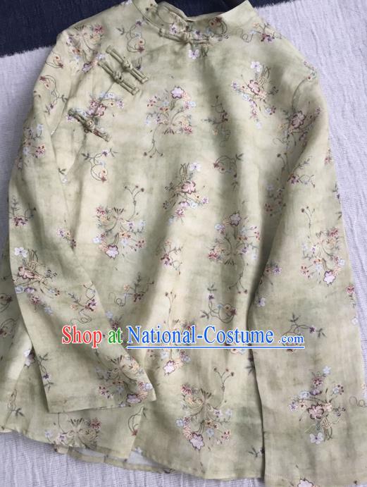 Chinese Traditional Tang Suit Printing Light Green Ramie Blouse National Upper Outer Garment Costume for Women