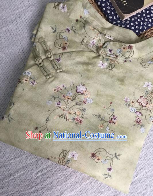 Chinese Traditional Tang Suit Printing Light Green Ramie Blouse National Upper Outer Garment Costume for Women