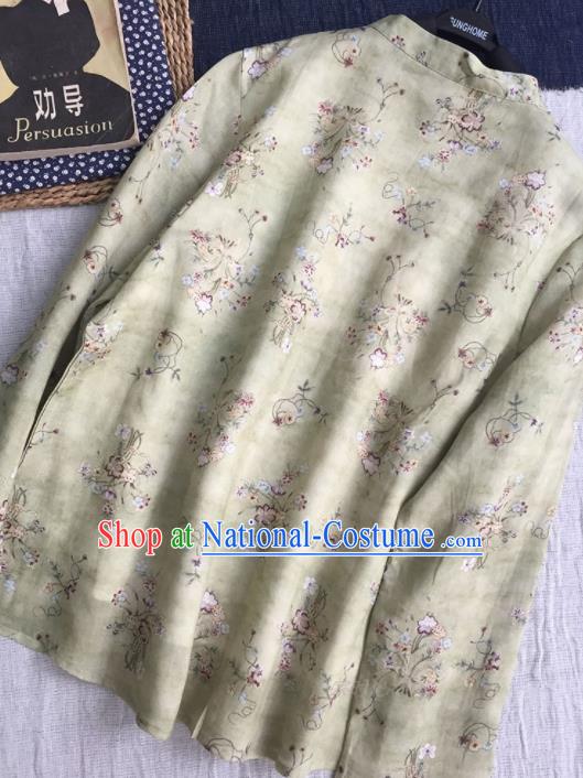 Chinese Traditional Tang Suit Printing Light Green Ramie Blouse National Upper Outer Garment Costume for Women