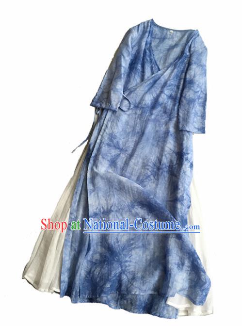 Chinese Traditional Tang Suit Blue Ramie Cheongsam National Costume Qipao Dress for Women