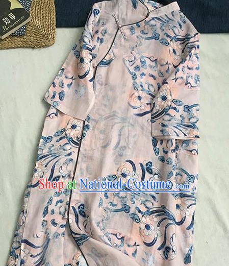 Chinese Traditional Tang Suit Printing Orchid Pink Ramie Cheongsam National Costume Qipao Dress for Women