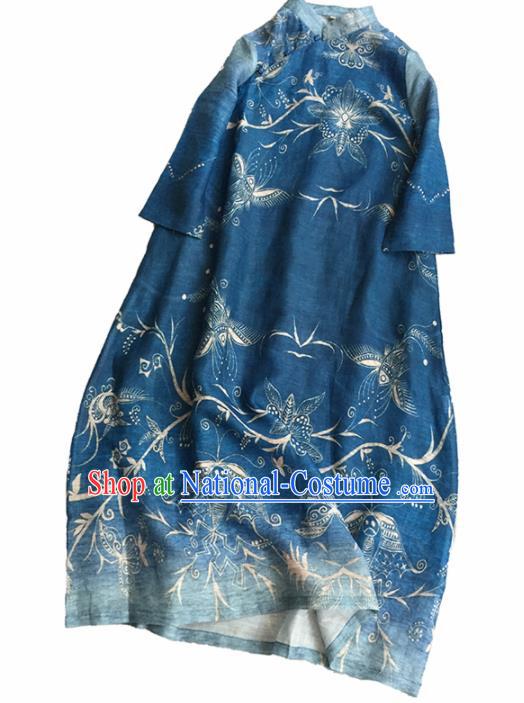 Chinese Traditional Tang Suit Printing Royalblue Ramie Cheongsam National Costume Qipao Dress for Women