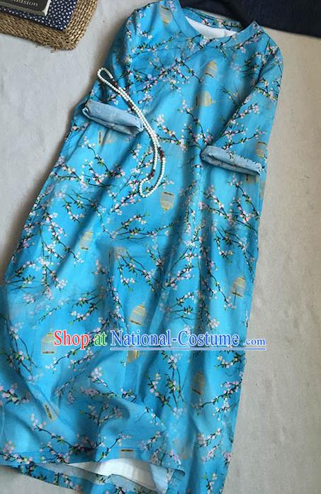 Chinese Traditional Tang Suit Printing Plum Blue Ramie Cheongsam National Costume Qipao Dress for Women