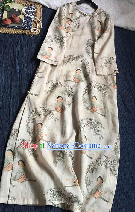 Chinese Traditional Tang Suit Printing Beauty Apricot Ramie Cheongsam National Costume Qipao Dress for Women