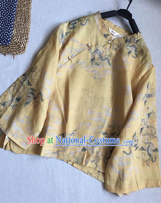 Chinese Traditional Tang Suit Printing Phoenix Yellow Ramie Blouse National Upper Outer Garment Costume for Women