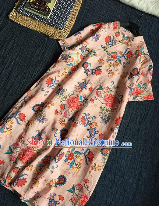 Chinese Traditional Tang Suit Printing Flowers Pink Cheongsam National Costume Qipao Dress for Women