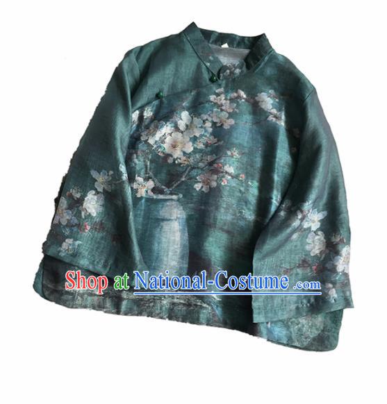 Chinese Traditional Tang Suit Printing Plum Atrovirens Ramie Blouse National Upper Outer Garment Costume for Women