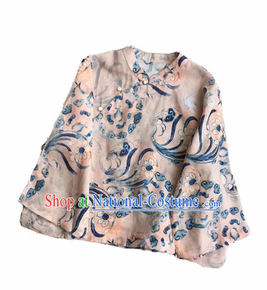 Chinese Traditional Tang Suit Printing Light Pink Ramie Blouse National Upper Outer Garment Costume for Women