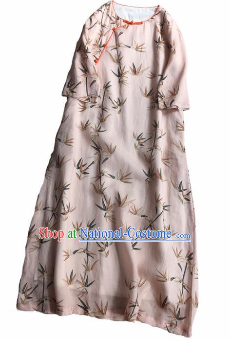 Chinese Traditional Tang Suit Printing Bamboo Light Pink Ramie Cheongsam National Costume Qipao Dress for Women