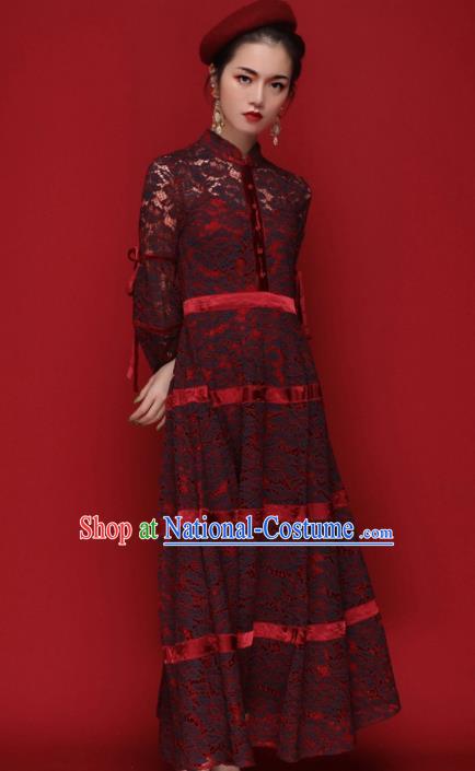 Chinese Traditional Tang Suit Wine Red Lace Cheongsam National Costume Qipao Dress for Women