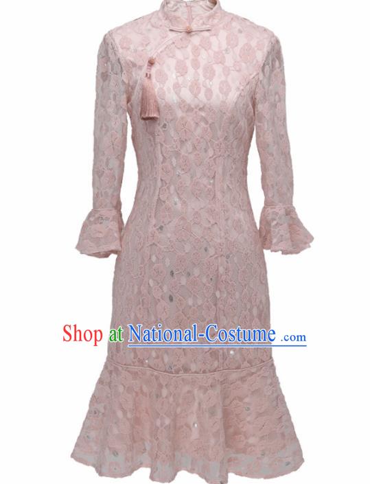 Chinese Traditional Tang Suit Pink Lace Cheongsam National Costume Qipao Dress for Women