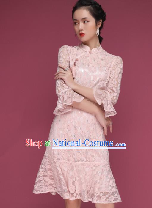 Chinese Traditional Tang Suit Pink Lace Cheongsam National Costume Qipao Dress for Women