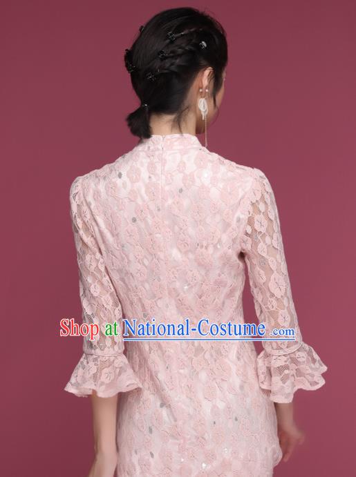 Chinese Traditional Tang Suit Pink Lace Cheongsam National Costume Qipao Dress for Women