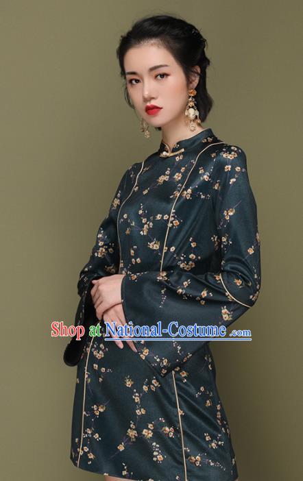 Chinese Traditional Tang Suit Atrovirens Silk Cheongsam National Costume Qipao Dress for Women