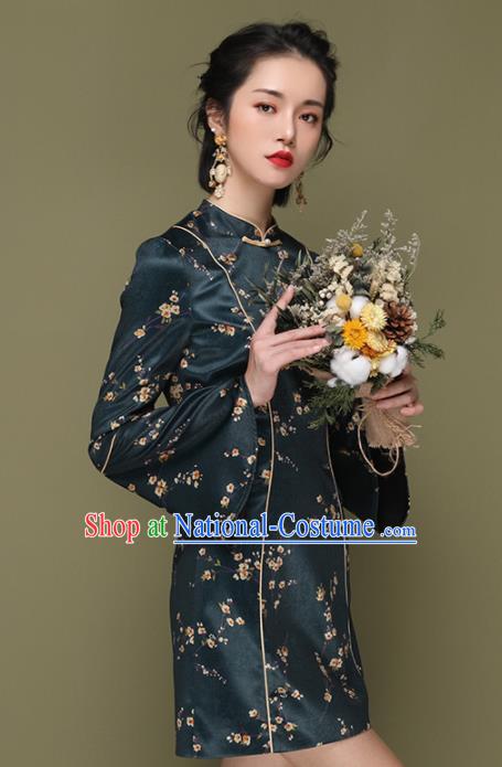 Chinese Traditional Tang Suit Atrovirens Silk Cheongsam National Costume Qipao Dress for Women