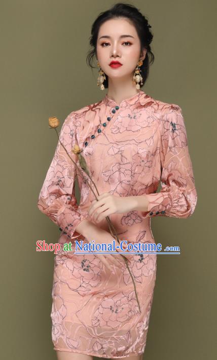 Chinese Traditional Tang Suit Pink Cheongsam National Costume Qipao Dress for Women