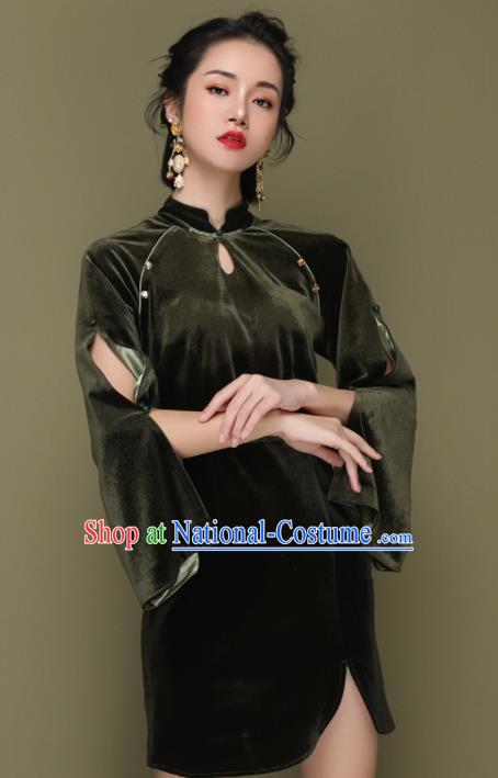 Chinese Traditional Tang Suit Atrovirens Pleuche Cheongsam National Costume Qipao Dress for Women