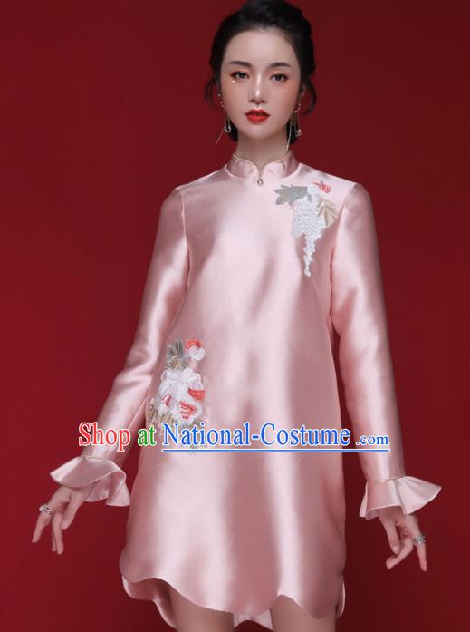 Chinese Traditional Tang Suit Embroidered Pink Cheongsam National Costume Qipao Dress for Women