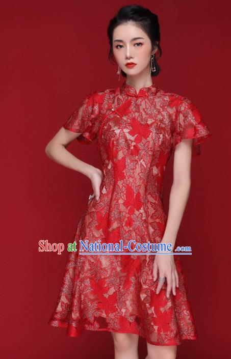 Chinese Traditional Tang Suit Red Lace Cheongsam National Costume Qipao Dress for Women