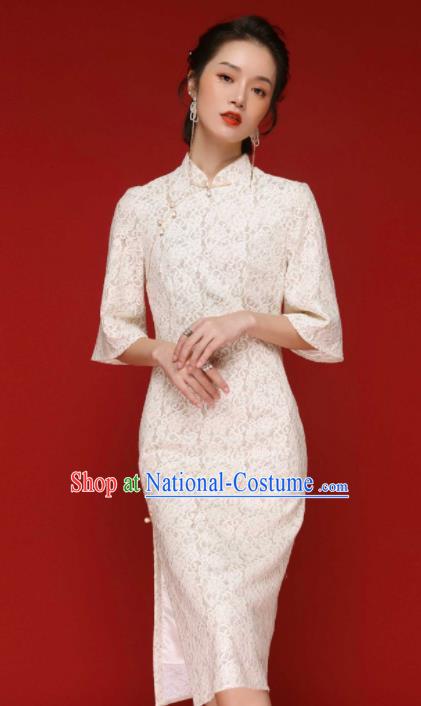 Chinese Traditional Tang Suit White Lace Cheongsam National Costume Qipao Dress for Women