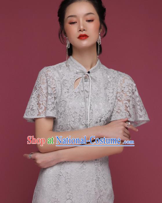 Chinese Traditional Tang Suit Grey Lace Cheongsam National Costume Qipao Dress for Women