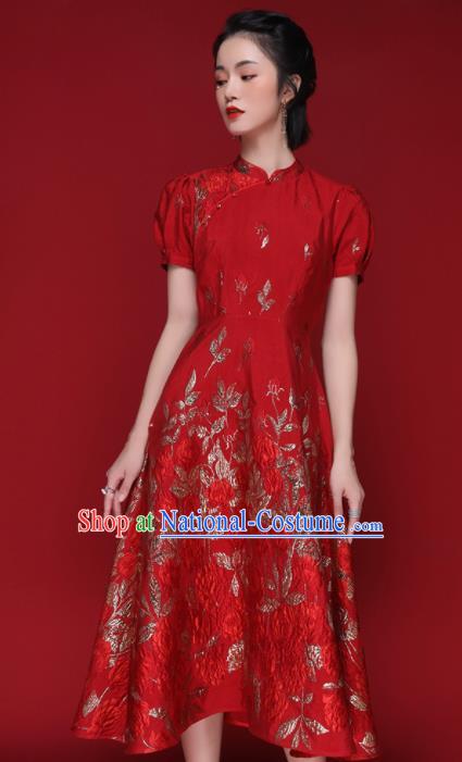 Chinese Traditional Tang Suit Red Silk Cheongsam National Costume Qipao Dress for Women