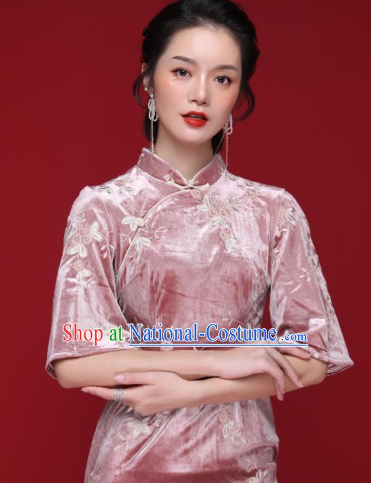 Chinese Traditional Tang Suit Pink Pleuche Cheongsam National Costume Qipao Dress for Women