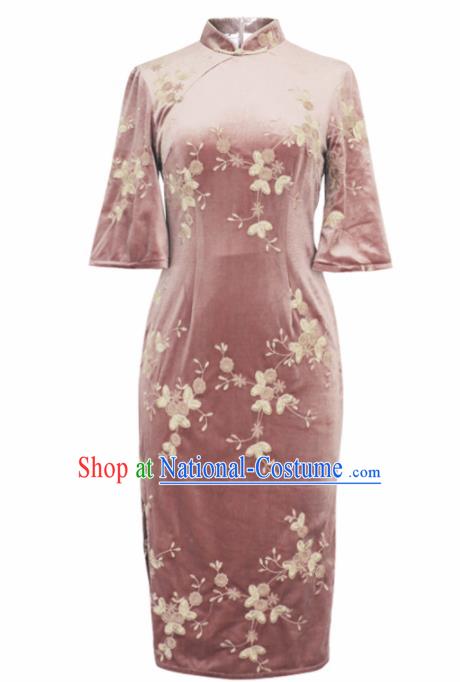 Chinese Traditional Tang Suit Pink Pleuche Cheongsam National Costume Qipao Dress for Women