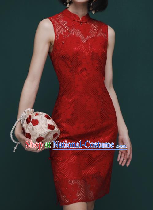 Chinese Traditional Tang Suit Red Lace Cheongsam National Costume Qipao Dress for Women