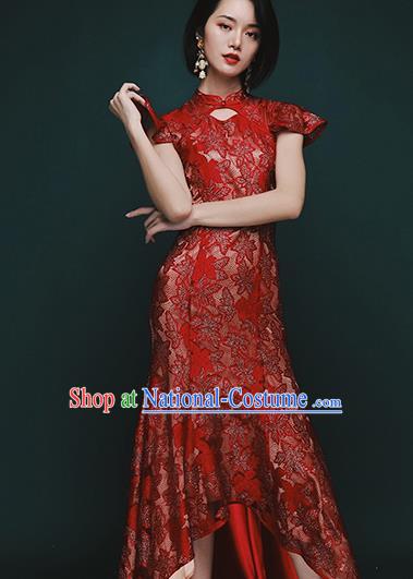 Chinese Traditional Tang Suit Red Lace Fishtail Cheongsam National Costume Qipao Dress for Women