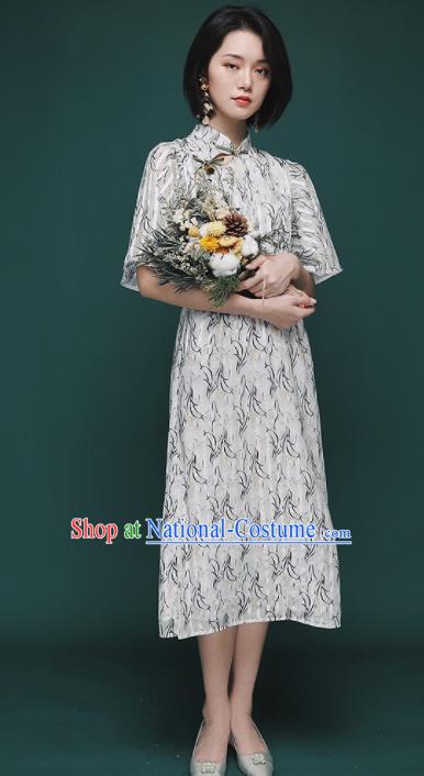 Chinese Traditional Tang Suit Printing White Cheongsam National Costume Qipao Dress for Women