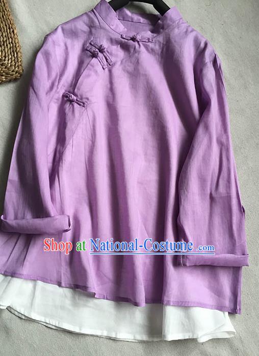 Chinese Traditional Tang Suit Purple Ramie Blouse National Upper Outer Garment Costume for Women