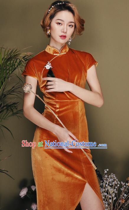 Chinese Traditional Tang Suit Orange Pleuche Cheongsam National Costume Qipao Dress for Women