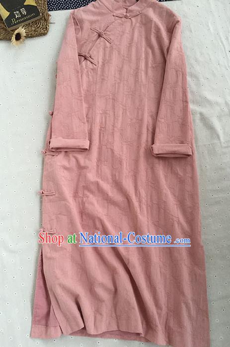 Chinese Traditional Tang Suit Pink Linen Cheongsam National Costume Qipao Dress for Women