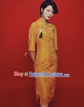 Chinese Traditional Tang Suit Retro Golden Pleuche Cheongsam National Costume Qipao Dress for Women