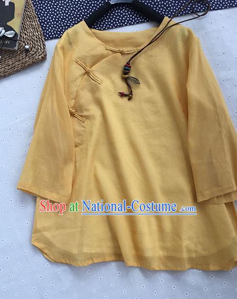 Chinese Traditional Tang Suit Yellow Ramie Blouse National Upper Outer Garment Costume for Women