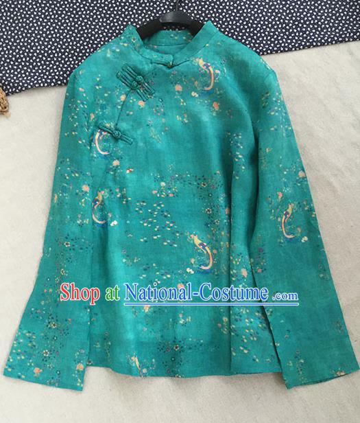 Chinese Traditional Tang Suit Green Ramie Blouse National Upper Outer Garment Costume for Women