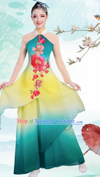 Chinese Traditional Umbrella Dance Stage Show Green Dress Classical Dance Fan Dance Costume for Women