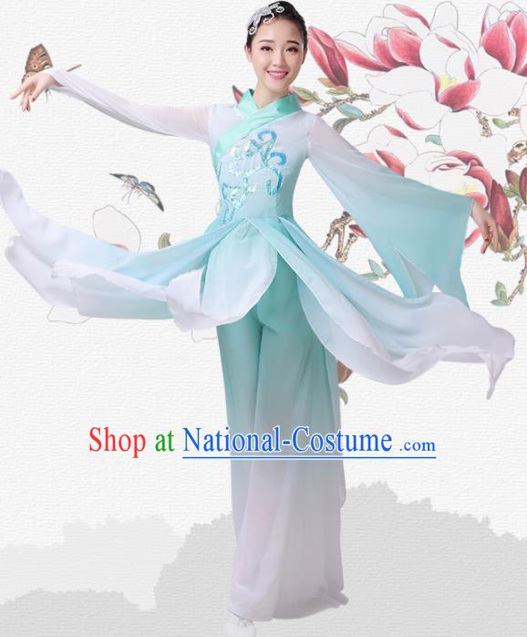 Chinese Traditional Umbrella Dance Light Green Dress Classical Dance Fan Dance Costume for Women