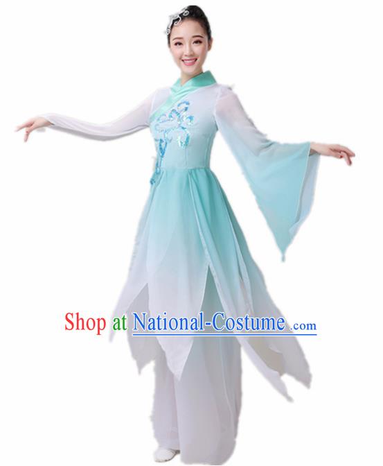 Chinese Traditional Umbrella Dance Light Green Dress Classical Dance Fan Dance Costume for Women