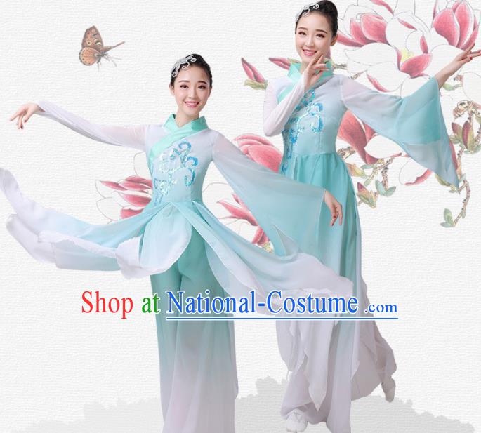 Chinese Traditional Umbrella Dance Light Green Dress Classical Dance Fan Dance Costume for Women