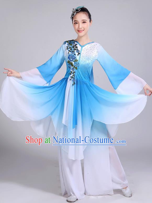 Chinese Traditional Umbrella Dance Stage Show Blue Dress Classical Dance Fan Dance Costume for Women