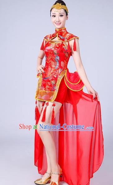 Chinese Traditional Folk Dance Yangko Red Outfits Drum Dance Group Dance Costume for Women