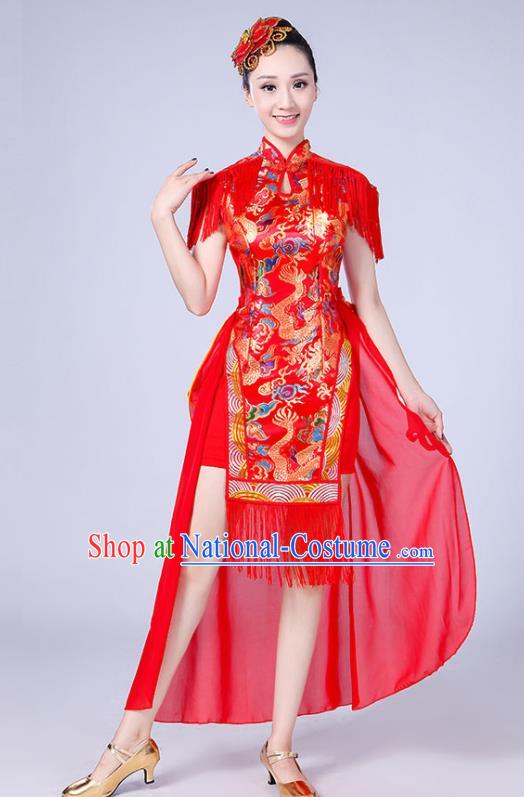 Chinese Traditional Folk Dance Yangko Red Tassel Dress Drum Dance Group Dance Costume for Women