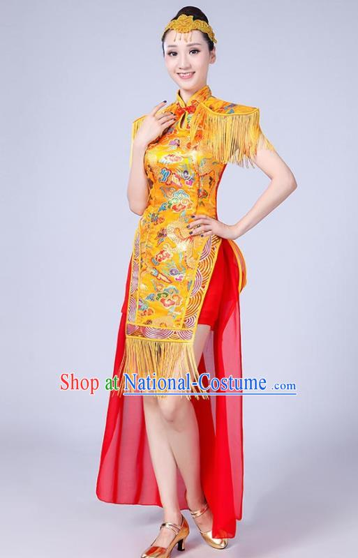 Chinese Traditional Folk Dance Yangko Yellow Tassel Dress Drum Dance Group Dance Costume for Women